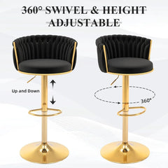 Gold Bar Stool Set of 3, Velvet Swivel Barstools, Height Adjustable Counter Stools with Woven Backrest, Upholstered Modern Luxu