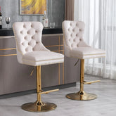 Velvet Bar Stools Set of 2 - Adjustable Height, Button Tufted with Back, Swivel Gold Base - Upholstered Bar Stools for Kitchen