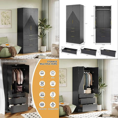 Large Wooden Wardrobe Armoire with Double Doors, 3 Drawers, Hanging Rod and Shelf for Bedroom Storage