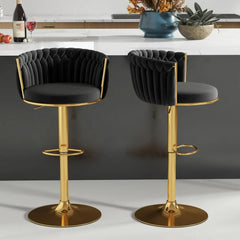 Gold Bar Stool Set of 3, Velvet Swivel Barstools, Height Adjustable Counter Stools with Woven Backrest, Upholstered Modern Luxu
