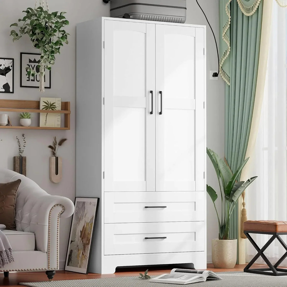 Freestanding Wooden Armoire Wardrobe Closet with Door And Shelves Bedroom Clothing Storage Cabinet