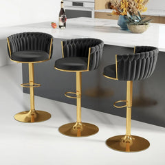 Gold Bar Stool Set of 3, Velvet Swivel Barstools, Height Adjustable Counter Stools with Woven Backrest, Upholstered Modern Luxu