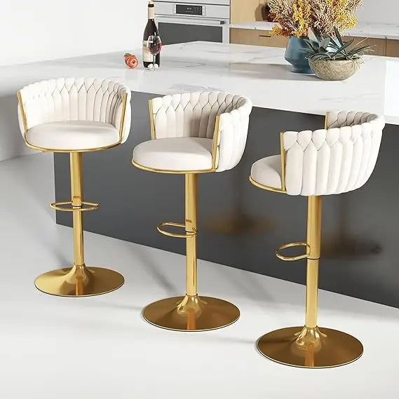 Gold Bar Stool Set of 3, Velvet Swivel Barstools, Height Adjustable Counter Stools with Woven Backrest, Upholstered Modern Luxu
