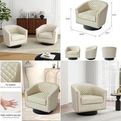 Swivel Barrel Accent Chairs, Comfortable Modern Upholstered Round Faux Leather Armchairs for Living Room and Bedroom, Beige, Set
