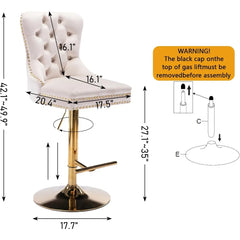 Velvet Bar Stools Set of 2 - Adjustable Height, Button Tufted with Back, Swivel Gold Base - Upholstered Bar Stools for Kitchen