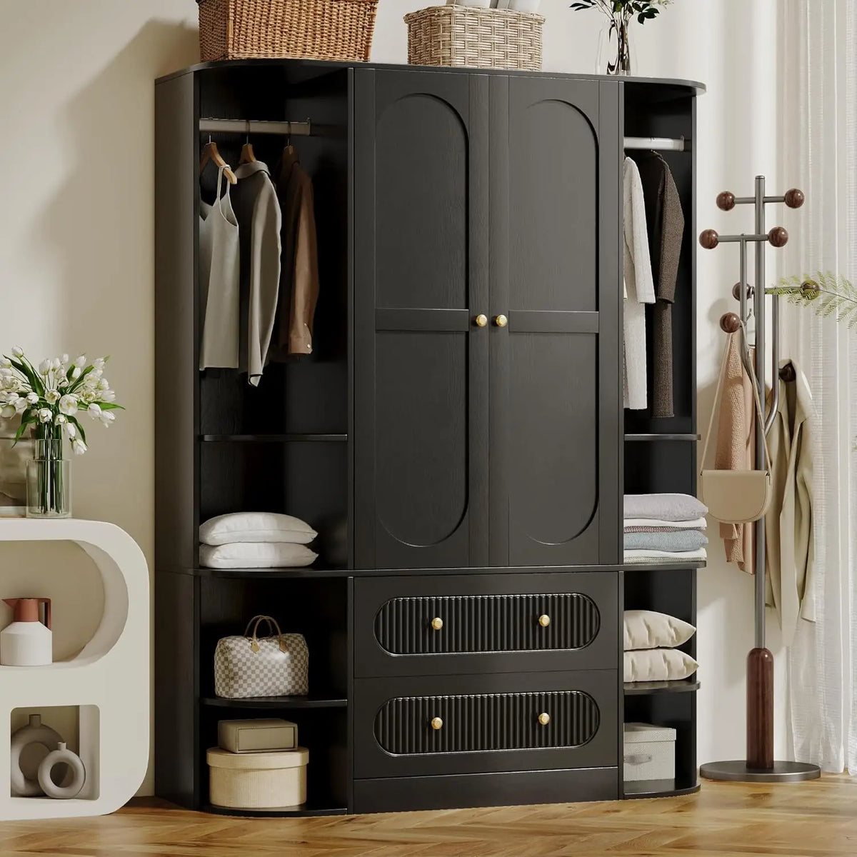 Large Wooden Wardrobe Armoire with Double Doors, 3 Drawers, Hanging Rod and Shelf for Bedroom Storage