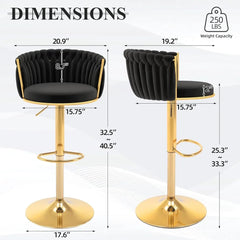 Gold Bar Stool Set of 3, Velvet Swivel Barstools, Height Adjustable Counter Stools with Woven Backrest, Upholstered Modern Luxu