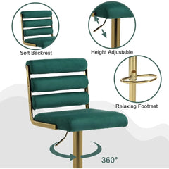 Modern Swivel Bar Stools Set of 2 Velvet Counter Height Barstools with Back Green Bar Chairs for Kitchen Island Dining Room Home