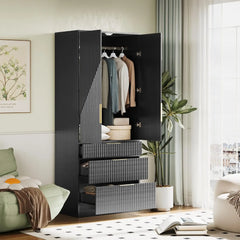 Large Wooden Wardrobe Armoire with Double Doors, 3 Drawers, Hanging Rod and Shelf for Bedroom Storage