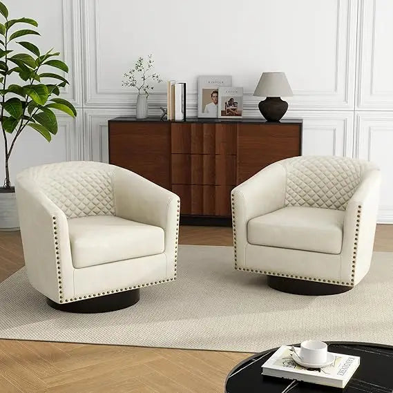 Swivel Barrel Accent Chairs, Comfortable Modern Upholstered Round Faux Leather Armchairs for Living Room and Bedroom, Beige, Set