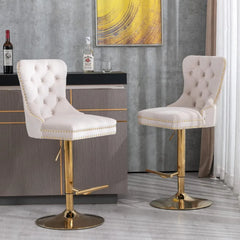 Velvet Bar Stools Set of 2 - Adjustable Height, Button Tufted with Back, Swivel Gold Base - Upholstered Bar Stools for Kitchen